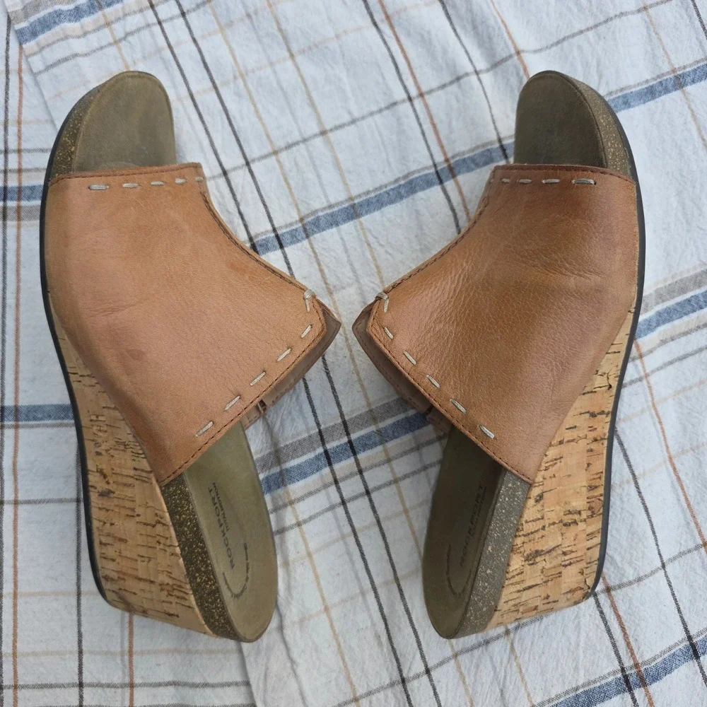 Rockport Total Motion Leather‎ Slides Wedges Sandals Size 9 Women's Brown